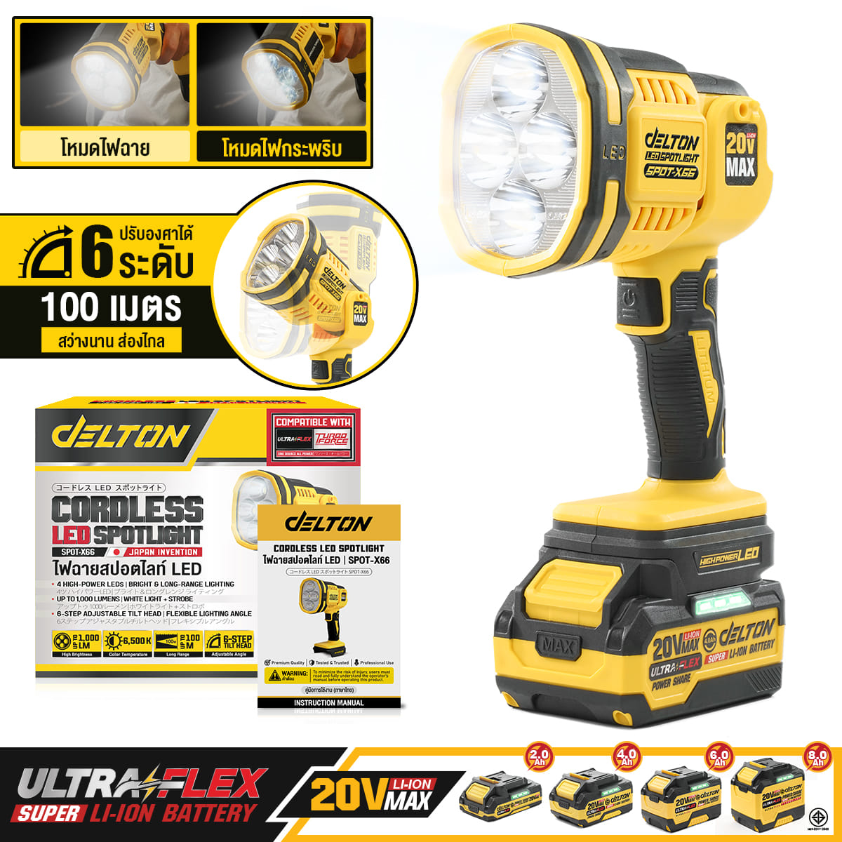 ไฟฉาย LED ไร้สาย (พร้อมแบตเตอรี่) DELTON รุ่น SPOT-X66 ULTRAFLEX 20V 2AH_8